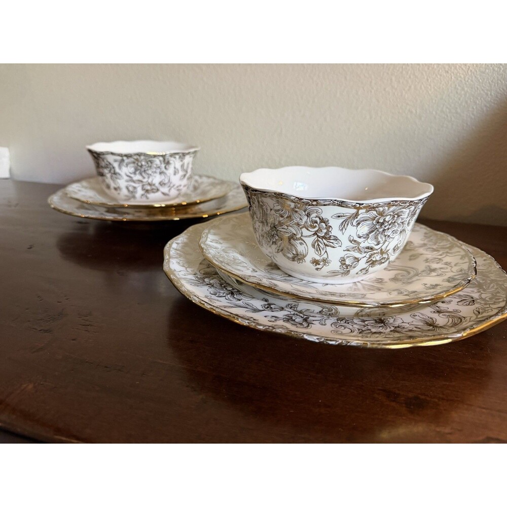 222 FIFTH Hawthorne Gold Floral Fine China White Black Gold Dinner - Set of 2